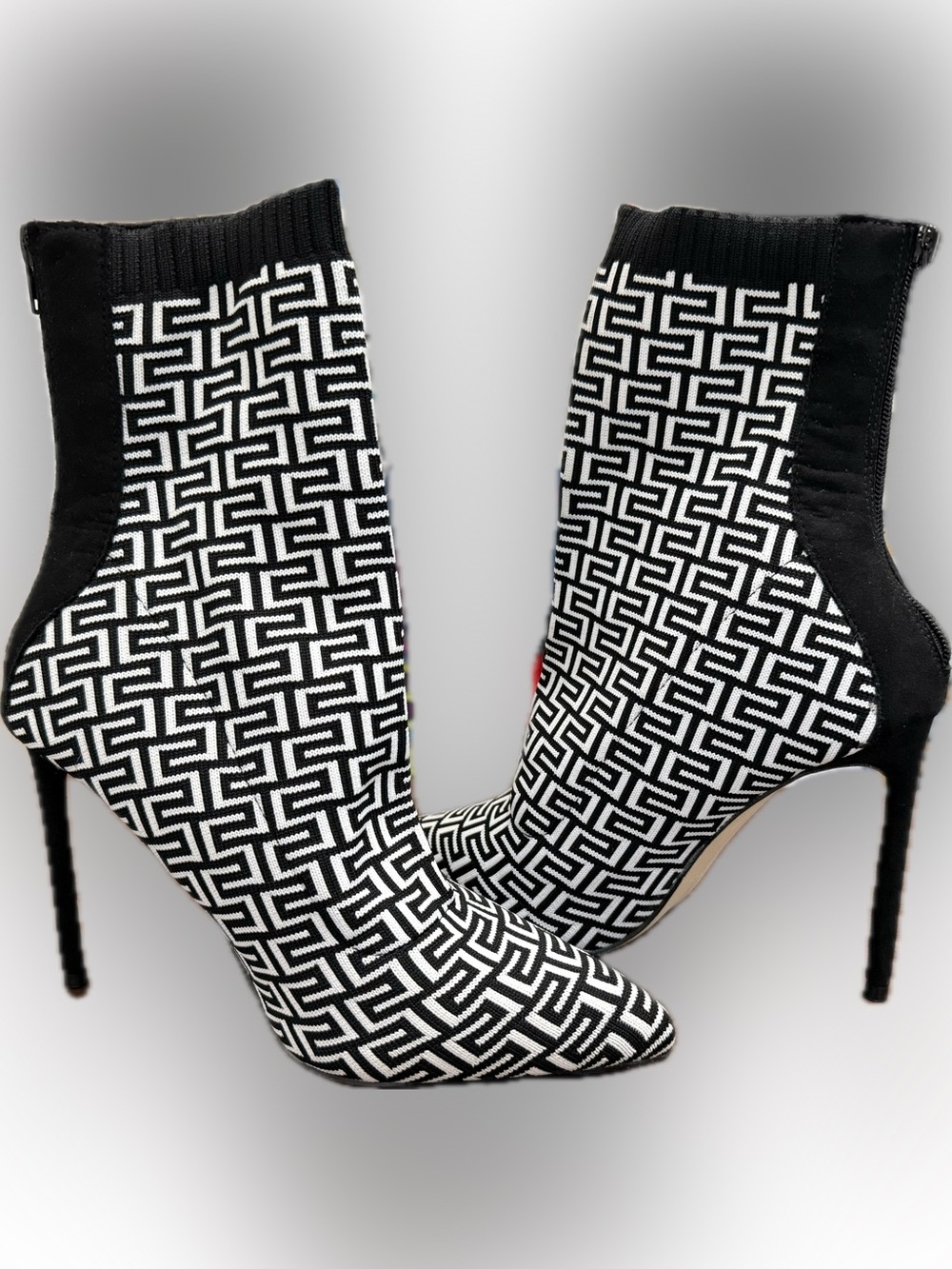 Size 10 Rouge Helium Black & White Geometric Knit Sock Stiletto Boots